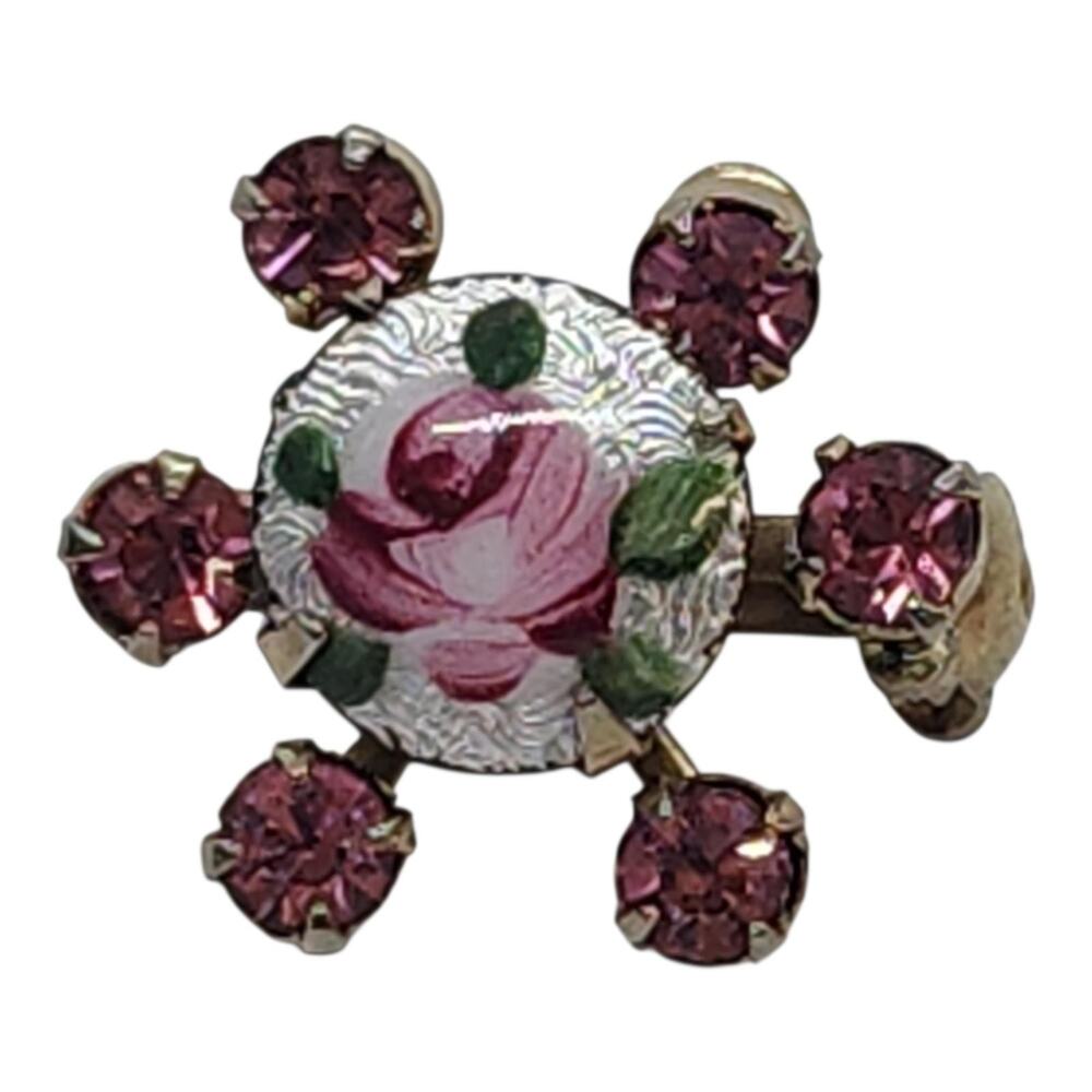 Vintage 1950s Brooch Hand Painted Pink Rose Guilloche Enamel & Pink Rhinestone